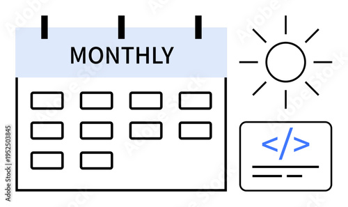 Scheduling, planning, programming, productivity, time management, coding. A monthly calendar with sun and code symbol. Scheduling and planning concept for improved productivity