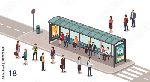 Diverse people waiting at modern bus stop shelter on city street with crosswalk