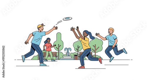 Diverse group of friends playing frisbee in a sunny park, illustration