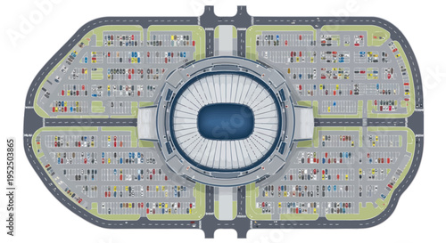 Aerial View of a Large Stadium with Full Parking Lots and Surrounding Roads