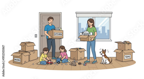 Family Moving House, Packing Boxes, Kids Playing with Toys, Dog Beside