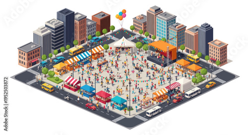 Isometric City Street Fair with Crowds, Market Stalls, and Entertainment Stage