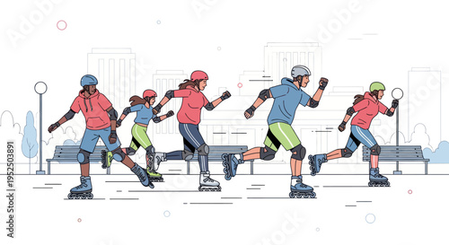 Group of diverse people rollerblading in a park, active lifestyle illustration