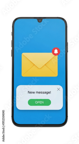 A smartphone with a notification for a new message isolated on transparent background