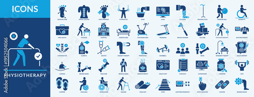 Physiotherapy - Icon Collection. Thin Flat Blue Set contains such Icons as first aid kit, acupuncture, reflex hammer and more. Simple web icons set