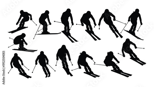 A series of black silhouettes of a person skiing