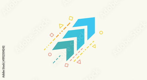 Three overlapping chevron arrows, colored teal to blue, are angled upwards and right, surrounded by colorful geometric shapes and dashed lines on a light cream background.