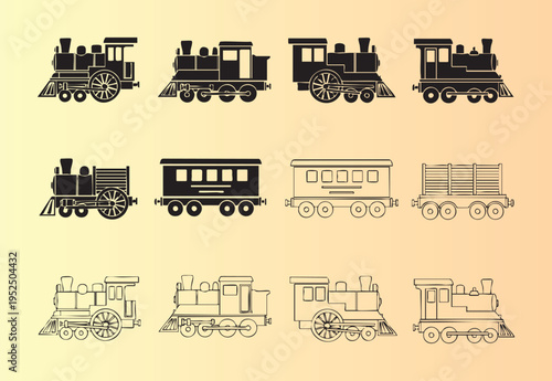 Collection of vintage steam trains and railcars in different styles