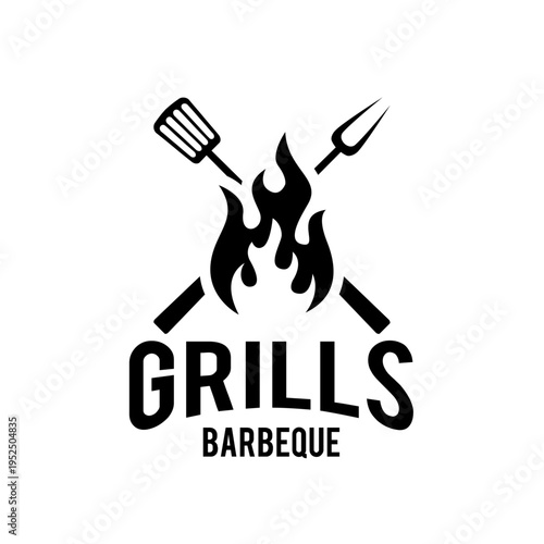 Barbecue Grills Logo Design with Crossed Spatula and Fork Over Flames