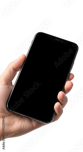 A hand holding a smartphone isolated on transparent background