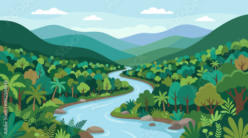 A vibrant flat design illustration of a river winding through a lush green jungle valley with layered mountains under a blue sky.
