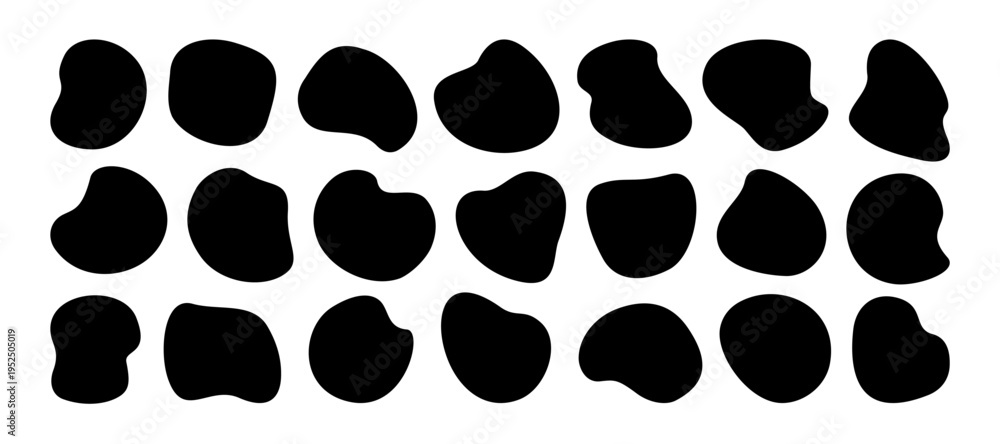 Fototapeta premium Abstract organic blob shapes. round irregular liquid forms. Vector set of fluid curves, splash drops, bubbles, and amoeba spots. Black modern simple background elements . Smooth wavy flow logo bg