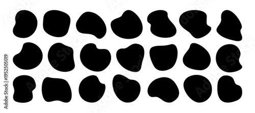 Abstract organic blob shapes. round irregular liquid forms. Vector set of fluid curves, splash drops, bubbles, and amoeba spots. Black modern simple background elements . Smooth wavy flow logo bg