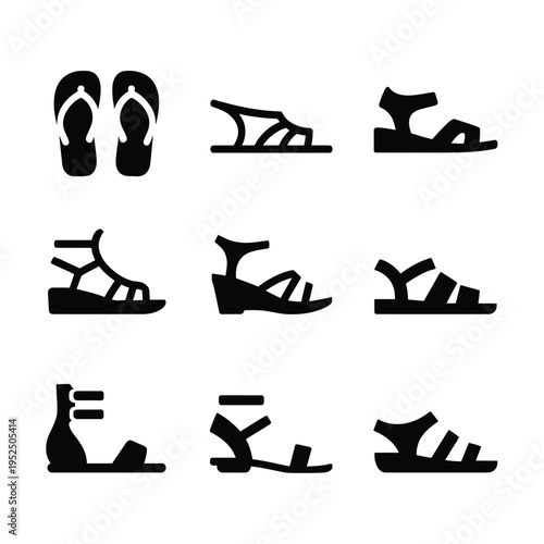 Various styles of sandals depicted as simple black silhouette icons