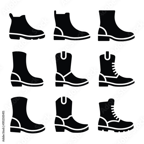 A collection of black boot silhouettes in various styles and designs