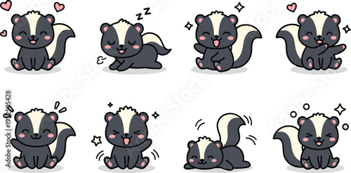Cute skunk cartoon vector set with kawaii expressions, adorable animal poses and playful woodland character illustration collection