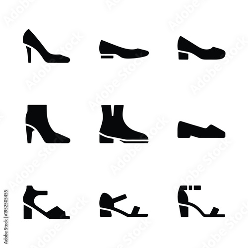 Various black silhouettes of women s footwear displayed in a grid pattern
