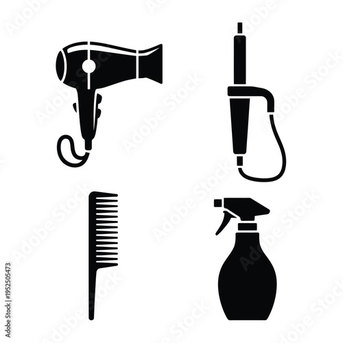Black silhouette icons depicting a hair dryer curling iron comb and spray bottle