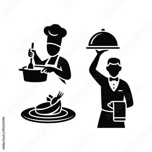 Culinary professionals a chef cooking and a waiter presenting food