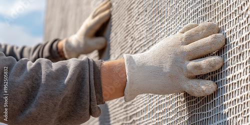 Worker installing fiberglass reinforcement mesh on building facade