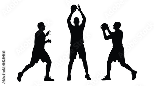 Three silhouettes of men playing basketball