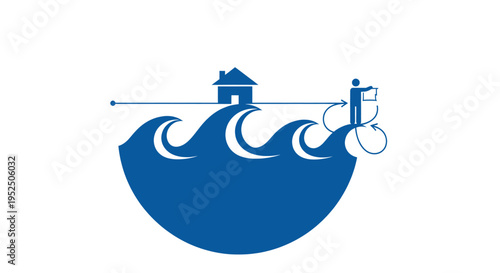 A blue silhouette of a person standing on giant ocean waves next to a house under a clear horizontal arrow line.
