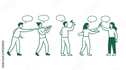Green line art illustration of male and female workers using construction tools with speech bubbles for industrial teamwork and project collaboration.