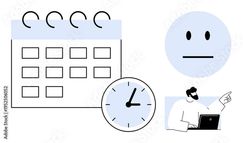 Time management, workplace productivity, planning tools, personal organization, office tasks, decision-making. A calendar, clock neutral face and office worker at a laptop. Time management