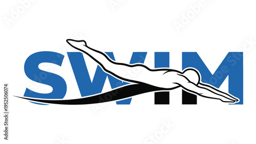 A swimmer in diving position with swim text