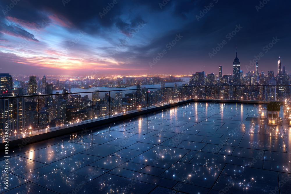 Fototapeta premium Rooftop Terrace Overlooking City Skyline at Sunset