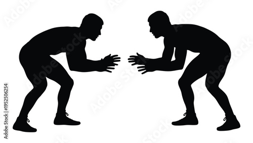 Two men in a wrestling stance facing each other