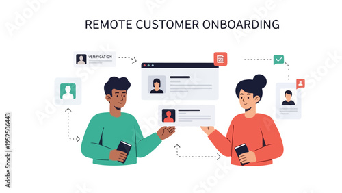 Illustration of two people remotely onboarding a customer with digital documents and a user interface on a white background.