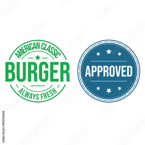 American classic burger stamp logo with fresh and approved badges on white background