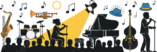 Jazz ensemble performing live with vocalist, pianist, drummer, saxophonist, trumpeter, and upright bass player on stage with audience