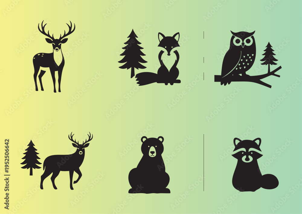 Obraz premium Cute forest animals and trees silhouette illustration set