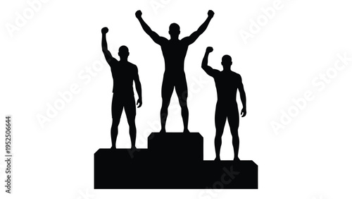 Three athletes standing on a podium with fists raised