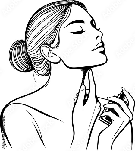 Beautiful young woman applying perfume on her neck, close-up. Minimalist vector portrait of a girl with perfume bottle and spray. Beauty and fragrance concept