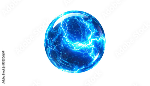 Glowing blue plasma ball with lightning inside on black background; energy orb
