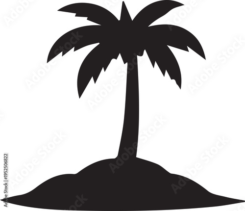 A simple black silhouette of a tropical palm tree standing on a small isolated island landmass Vector, illustration