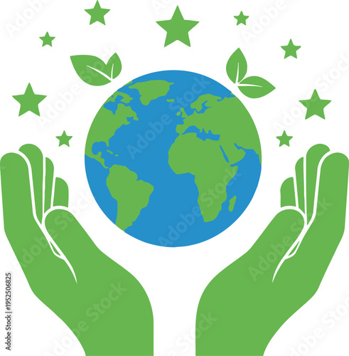 Environmental protection concept with green hands holding earth globe and stars