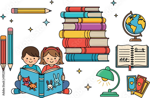 A vibrant illustration of children enjoying reading, surrounded by educational and recreational items, fostering a love for learning and imagination