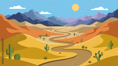 A vibrant flat vector illustration of a hot desert landscape with a winding road leading through sand dunes and cacti towards distant mountains.