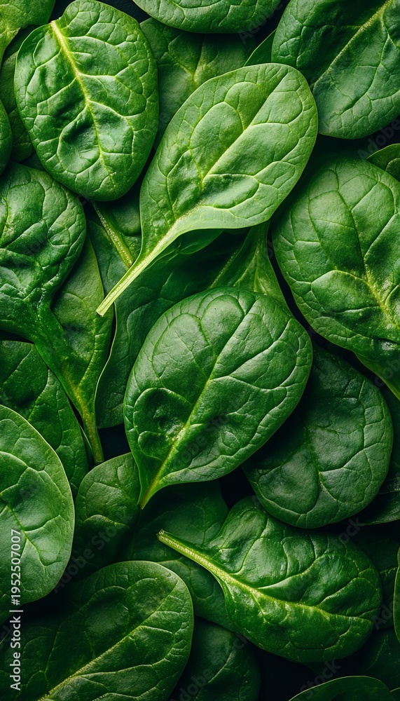 Obraz premium Close-Up of Fresh Spinach Leaves with Water Droplets, Healthy Green Veggies for Nutrient-Rich Dishes