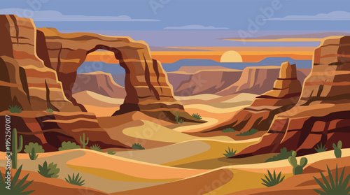 A vibrant vector illustration of a desert canyon landscape with a majestic rock arch and buttes during a warm, golden sunset.