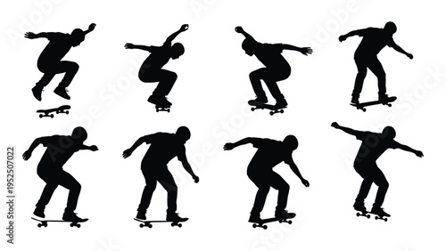 A set of silhouettes of a skateboarder performing various tricks