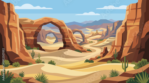 A vector illustration of a scenic desert canyon landscape inspired by the American southwest, featuring natural rock arches, sand dunes, and a winding path under a clear blue sky.