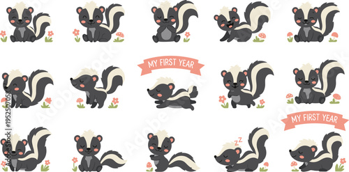 Cute baby skunk cartoon vector set with woodland animals, adorable forest character illustrations and playful nursery design collection