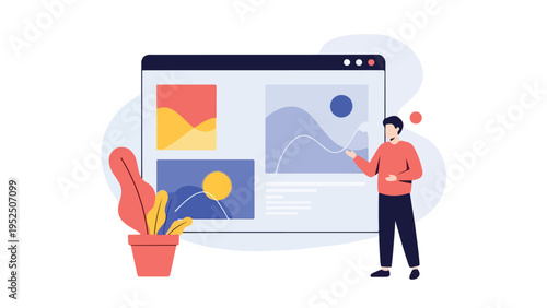 Illustration of a man presenting data on a large computer screen with colorful graphs and a potted plant beside him on a white background.