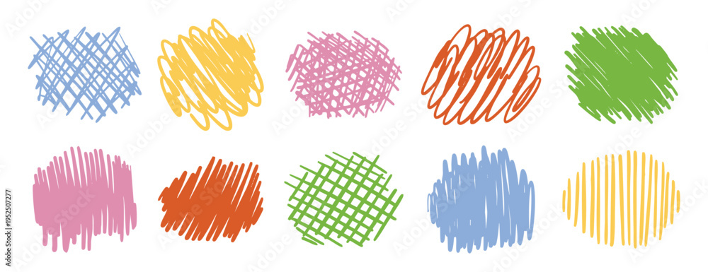 Fototapeta premium Colorful scribble backgrounds set. Hand drawn marker strokes. Abstract doodle textures for creative design