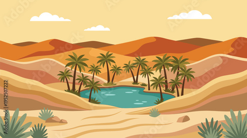 A tranquil oasis with lush green palm trees and blue water offers refuge in a vast, hot desert landscape with rolling orange sand dunes.